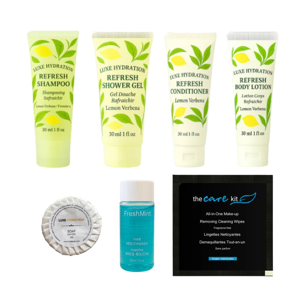 Luxe Hydration 7-piece lemon verbena travel toiletry set with shampoo, shower gel, conditioner, lotion, soap, mint mouthwash and makeup wipe.