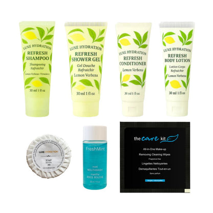 Luxe Hydration 7-piece lemon verbena personal care set with shampoo, shower gel, conditioner, lotion, soap, mouthwash and makeup wipe.