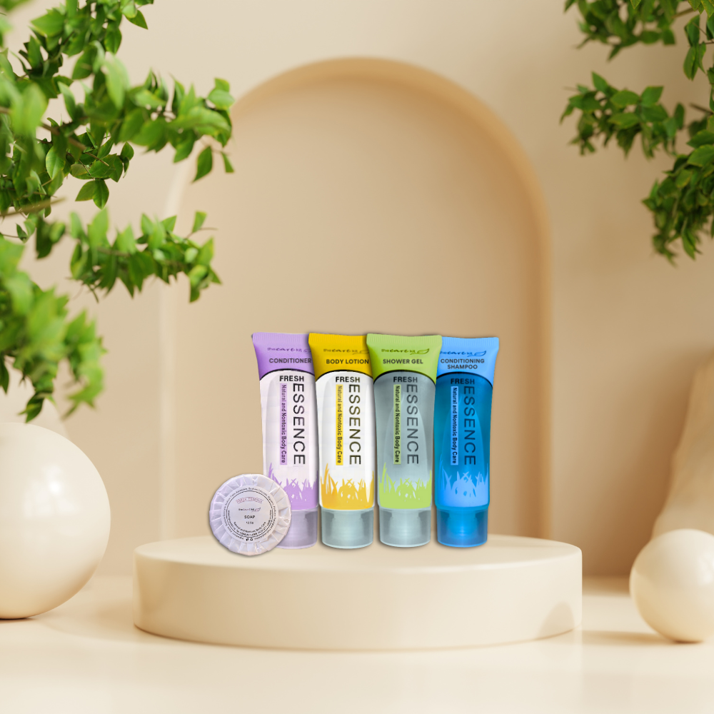 Indulge in a refreshing experience with our travel-sized essentials: a revitalizing shower gel, nourishing conditioning shampoo, silky-smooth conditioner, and luxurious soap amenity. 