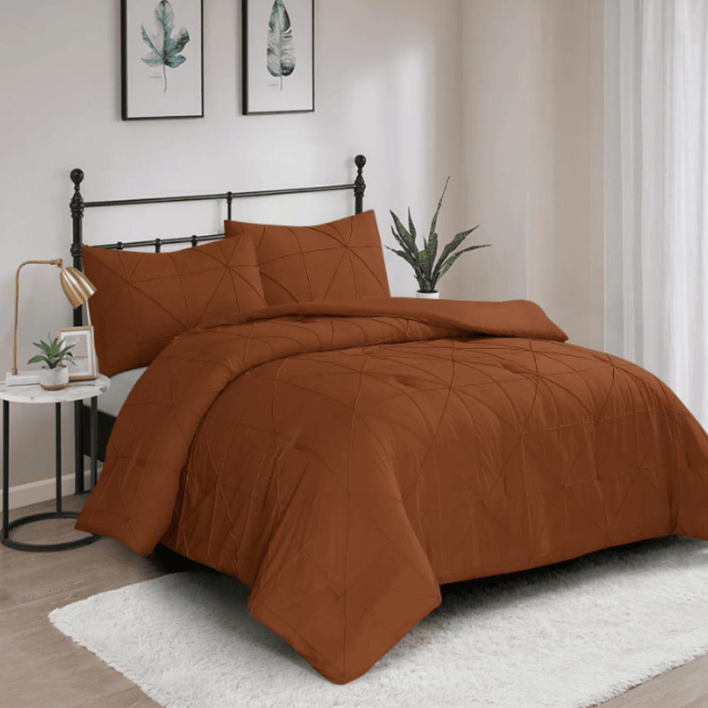 3 Piece Pintuck Comforter Set - Vacuum Pack- Brick Affordable twin-size duvet crafted with lightweight, hypoallergenic materials, combining luxury and sustainability for premium comfort