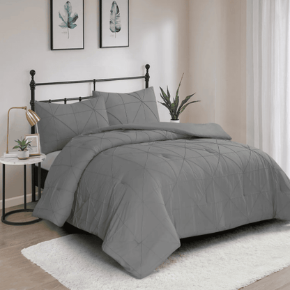 3 Piece Pintuck Comforter Set - Vacuum Pack - Dark Grey Queen-size decorative blanket with temperature-regulating technology, designed for multi-colored charm in high-end Airbnb rentals