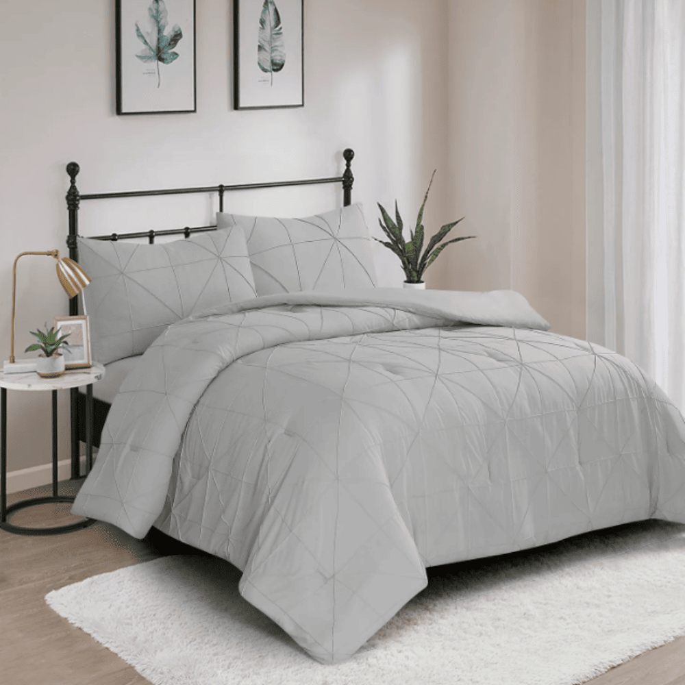 3 Piece Pintuck Comforter Set - Vacuum Pack - Light Grey Standard hypoallergenic comforter with essential lightweight warmth, crafted for affordable luxury in Airbnb rentals and hotels