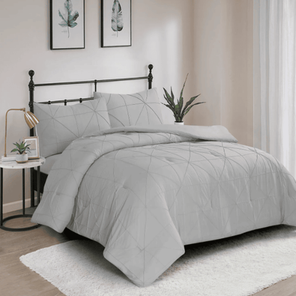 3 Piece Pintuck Comforter Set - Vacuum Pack - Light Grey Standard hypoallergenic comforter with essential lightweight warmth, crafted for affordable luxury in Airbnb rentals and hotels