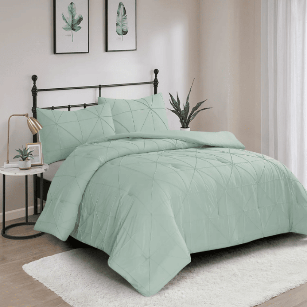 3 Piece Pintuck Comforter Set - Vacuum Pack - Mint Cooling duvet featuring eco-friendly materials and multi-colored decorative patterns, ideal for premium dorm room bedding