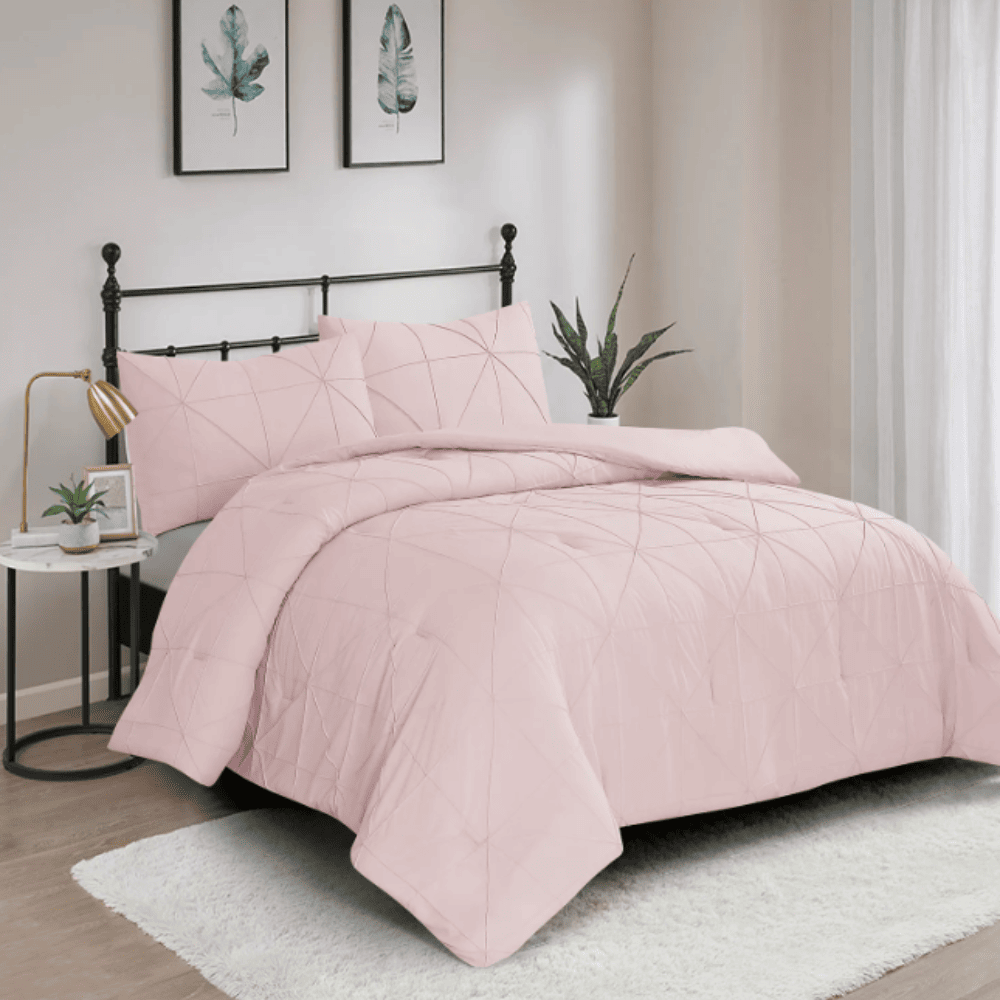 3 Piece Pintuck Comforter Set - Vacuum Pack- Pink Eco-friendly king-size comforter offering fundamental warmth and decorative appeal, ideal for upscale hotels or dorm room use