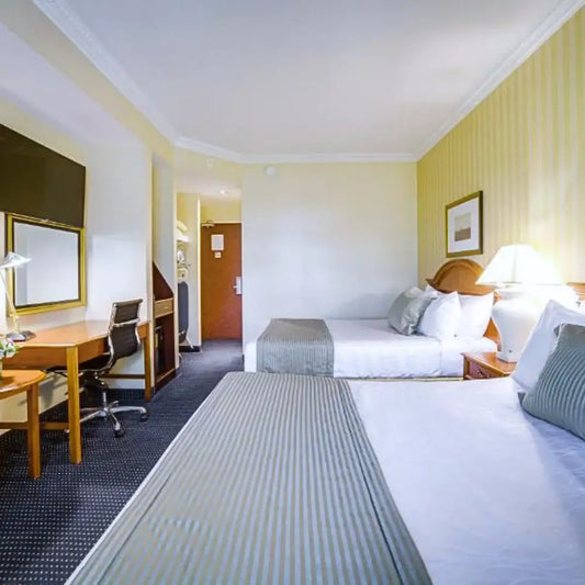 A hotel room with two beds located against a wall across from a desk with a frame. On the beds there are white sheets with decorative pillows that are detailed with white stripes on a brown fabric. Towards the end of the beds there are bed scarfs/ runners in the colour brown with white striped details on the fabric. 