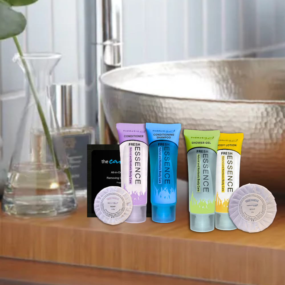 Effortlessly cleanse and refresh with our hotel-grade makeup remover, gentle soap, invigorating shower gel, nourishing conditioner, and revitalizing conditioning shampoo—a luxurious retreat for travelers.