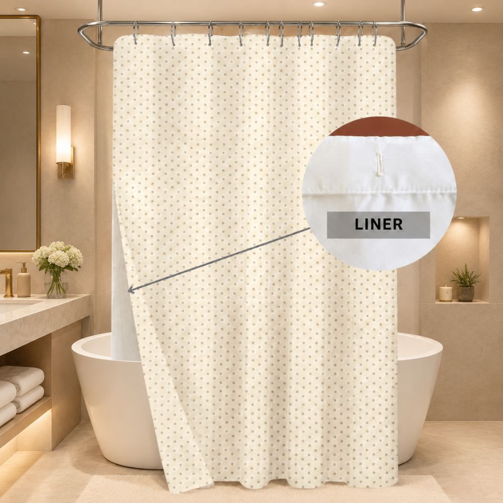 Beige hotel-style shower curtain with liner detail, displayed in a warm spa-inspired bathroom for an elegant, clean bath look.