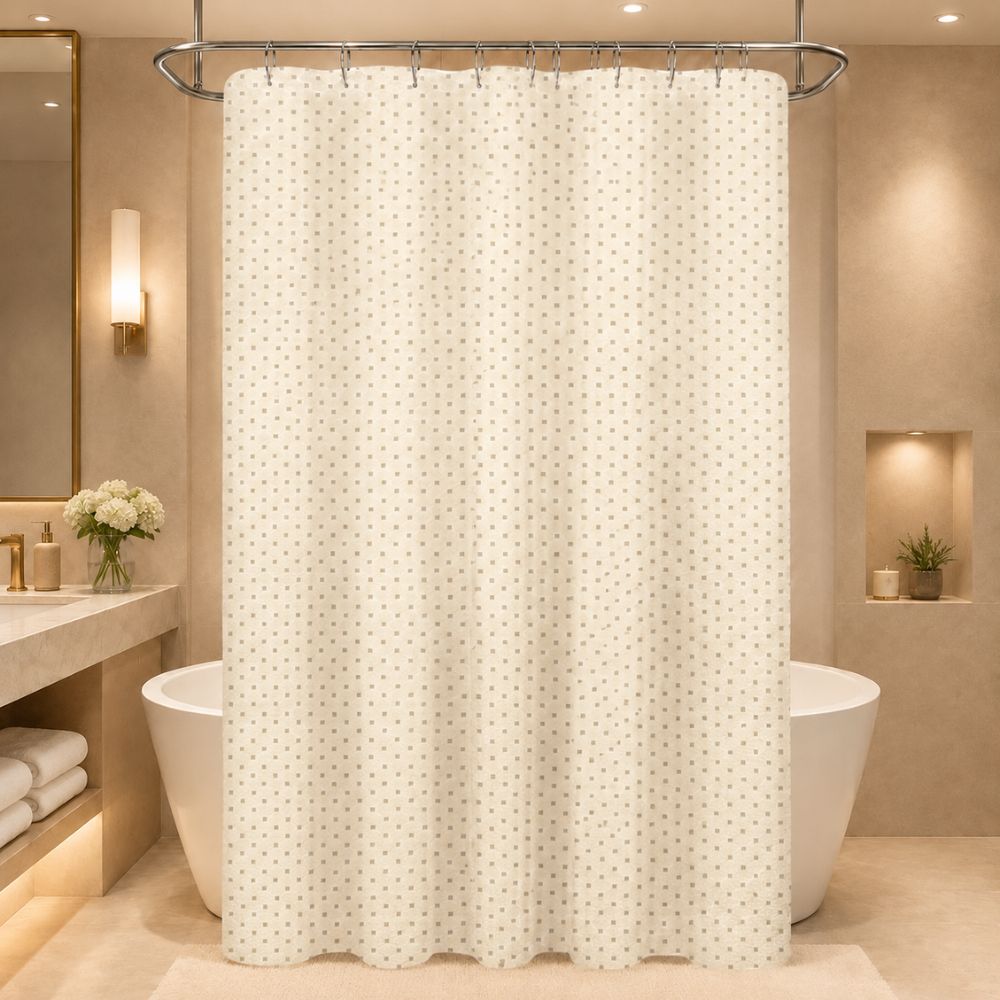 Commercial beige shower curtain with liner feature, styled in a hotel bathroom for hospitality, motel, resort and Airbnb use.