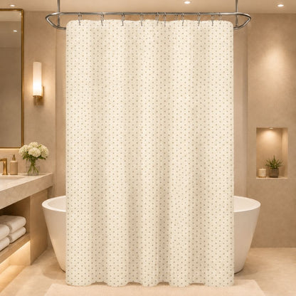 Commercial beige shower curtain with liner feature, styled in a hotel bathroom for hospitality, motel, resort and Airbnb use.