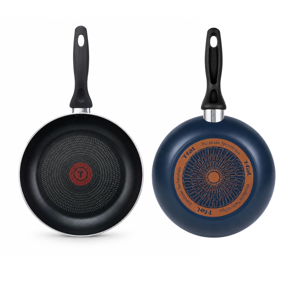 T-fal blue nonstick frying pan shown from the cooking surface and base, featuring a heat indicator and durable construction.