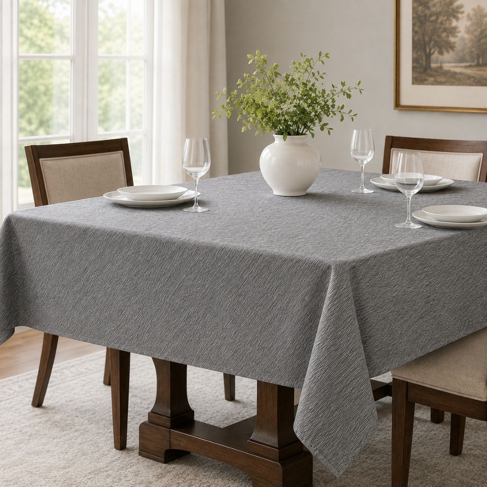 Grey textured tablecloth on a rectangular dining table with white plates, wine glasses and a decorative white vase with greenery.