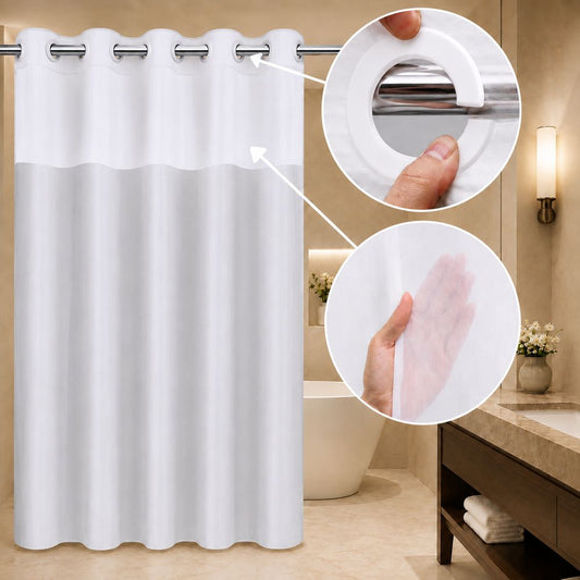 White hookless shower curtain with sheer window panel and easy-install snap rings displayed in a clean, elegant modern bathroom.
