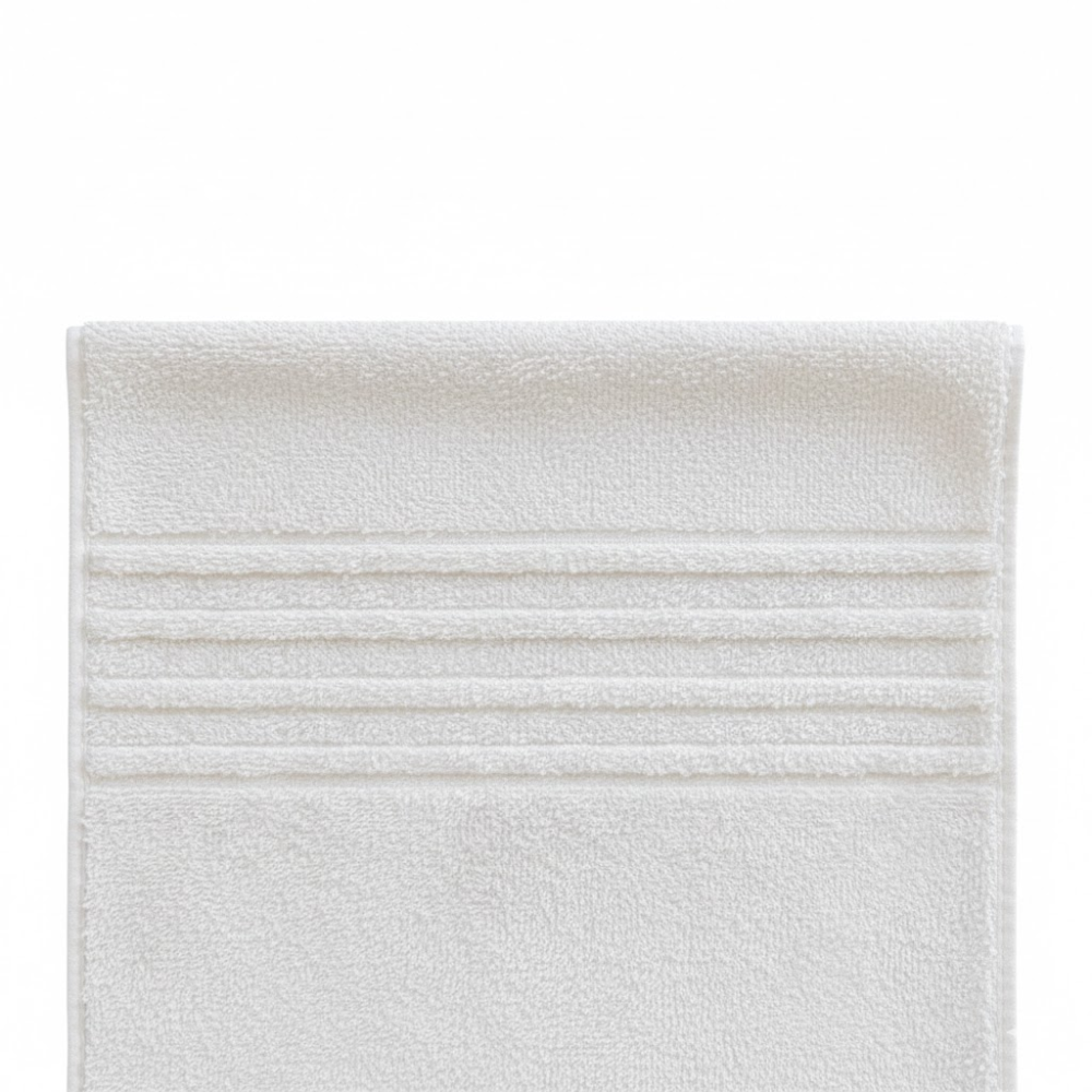 Plush cotton hand towel with four woven stripe details, offering excellent absorbency and long-lasting durability