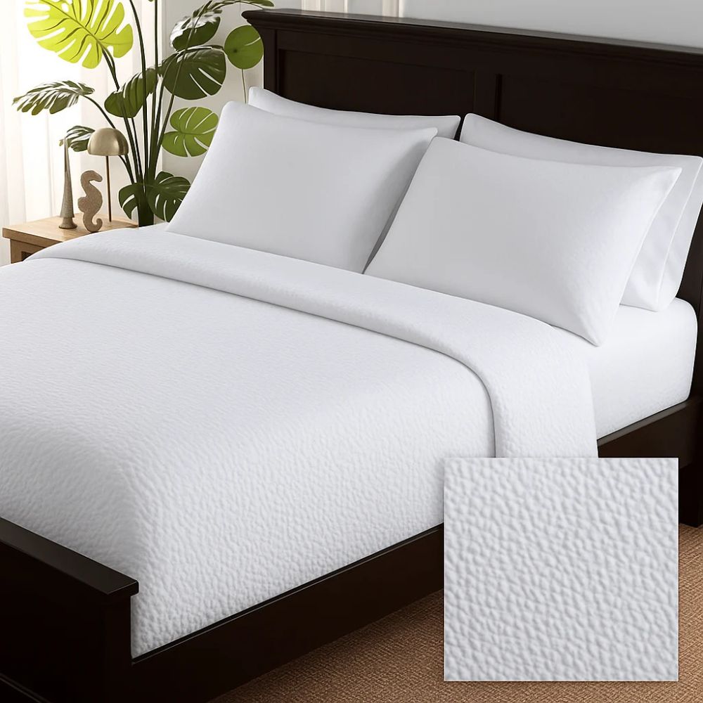 White textured duvet cover styled on a neatly made bed with matching white pillows for a clean, fresh and elegant bedroom look.
