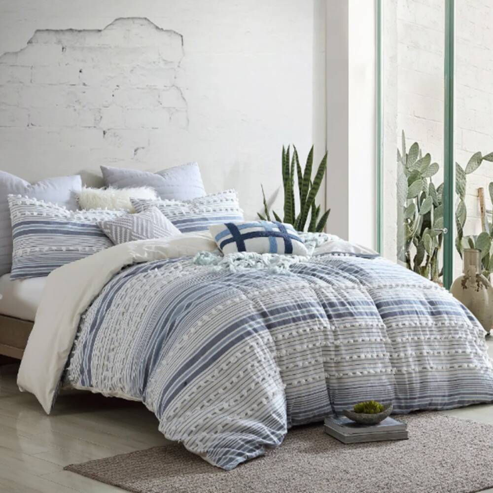 5PC Comforter Set - Cotton Dobby Clips Strip - Grey strip Multi-colored patterned lightweight blanket with hypoallergenic materials, designed for essential comfort in upscale hotel chains