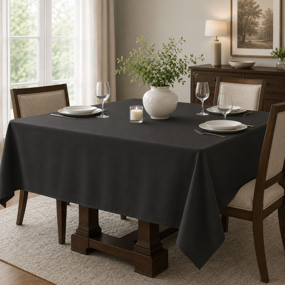 Black tablecloth on a rectangular dining table with white dinnerware, wine glasses, a candle and a greenery centerpiece.