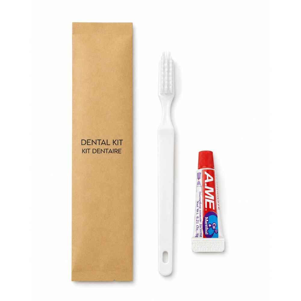 Kraft dental kit sleeve with white toothbrush and travel-size toothpaste, neatly arranged on a white background for convenient personal care.