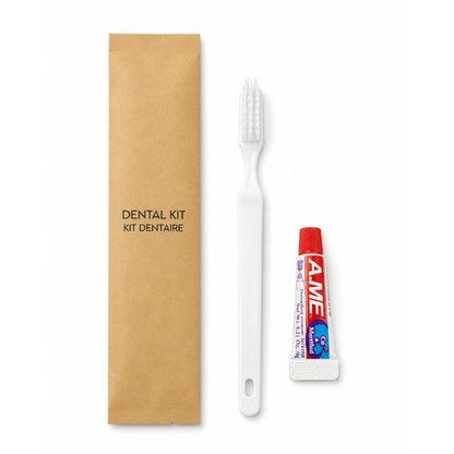 Kraft dental kit sleeve with white toothbrush and travel-size toothpaste, neatly arranged on a white background for convenient personal care.