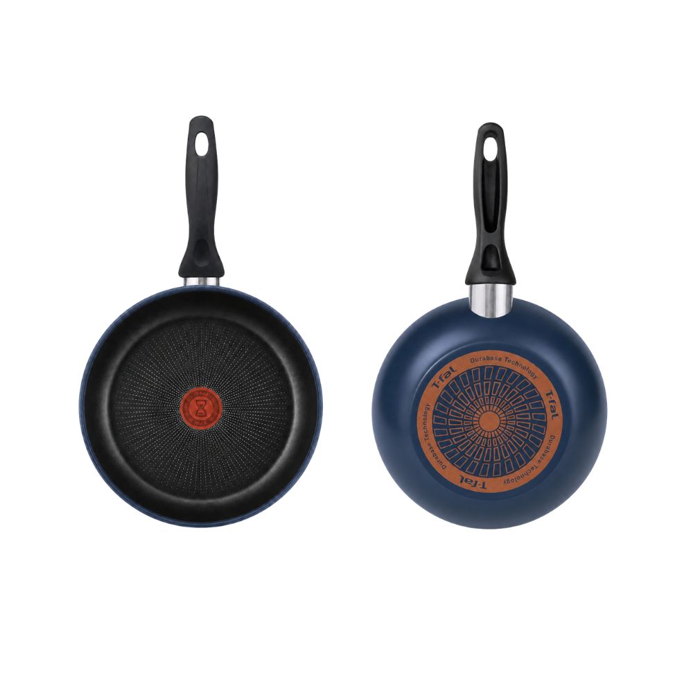 Blue T-fal nonstick skillet shown from front and underside with black handle, patterned cooking surface and Durabase bottom.