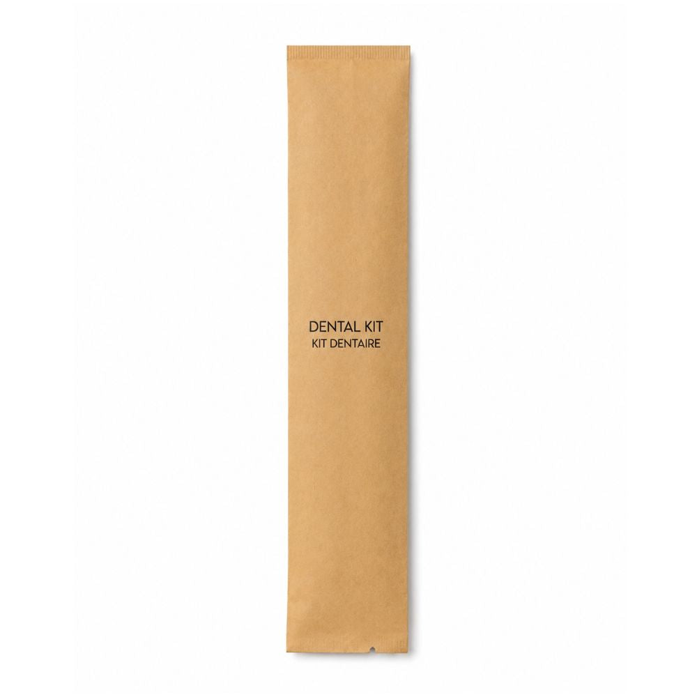 Individually wrapped dental kit in a kraft paper sleeve labelled Dental Kit and Kit Dentaire on a clean white background.
