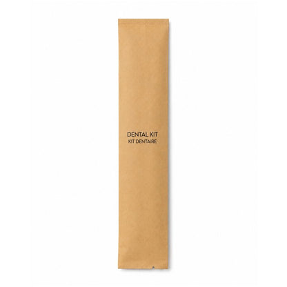 Individually wrapped dental kit in a kraft paper sleeve labelled Dental Kit and Kit Dentaire on a clean white background.