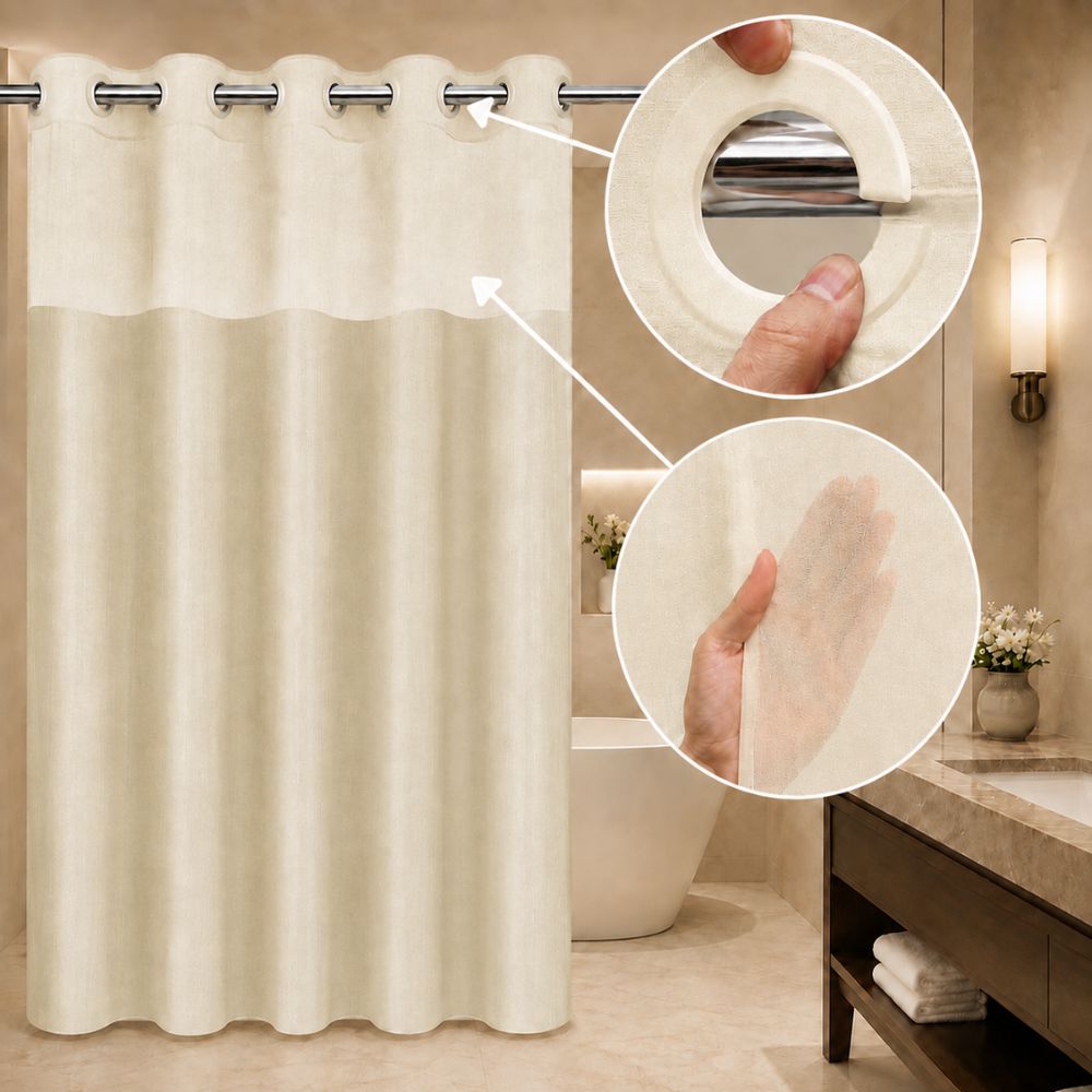 Beige hookless shower curtain with sheer window panel, snap rings and privacy fabric displayed in an elegant modern bathroom.
