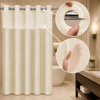 Beige hookless shower curtain with sheer window panel, snap rings and privacy fabric displayed in an elegant modern bathroom.