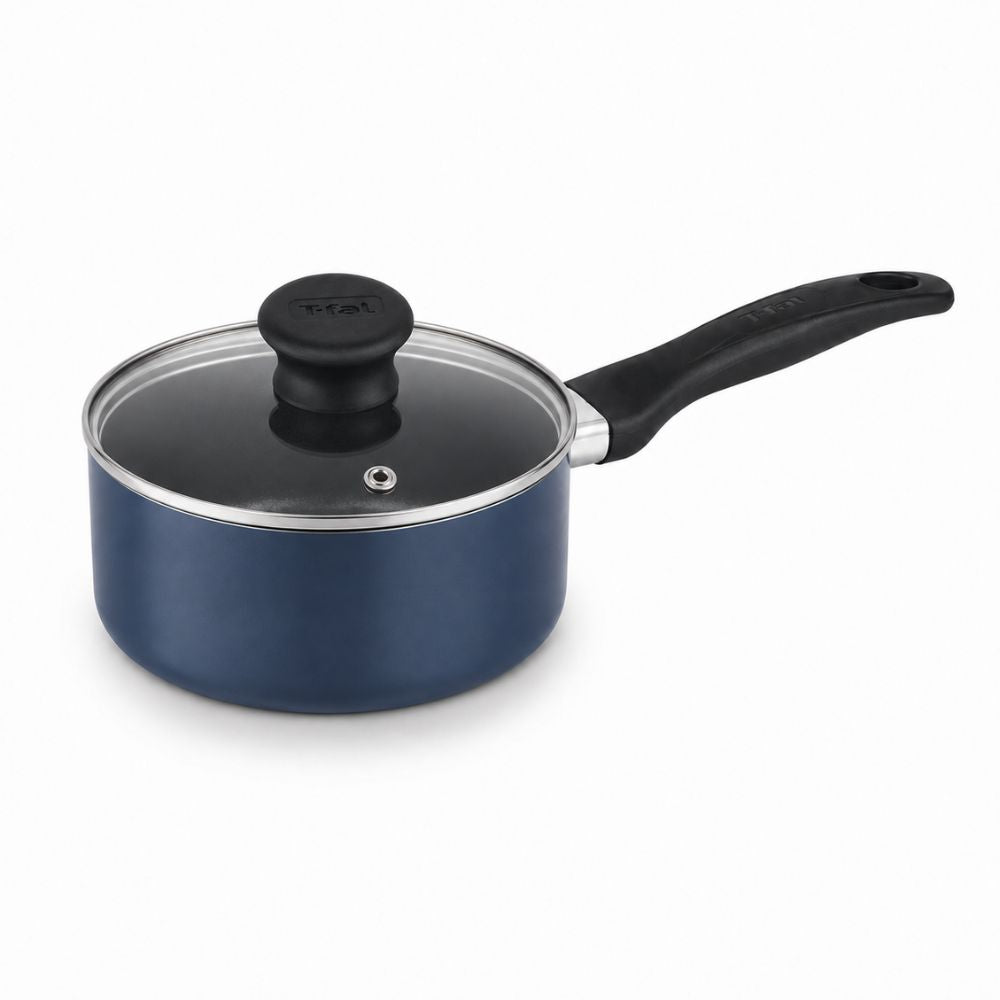 T-fal blue nonstick saucepan with glass lid and black stay-cool handle for everyday home cooking and meal preparation.