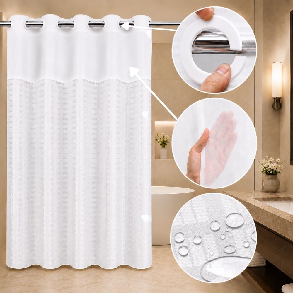 White lattice hookless shower curtain with sheer window, snap rings and water-resistant fabric shown in a modern bathroom.
