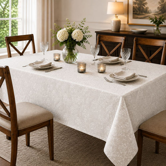 White damask-patterned tablecloth styled on a dining table with elegant place settings, crystal glasses, candles and flowers.