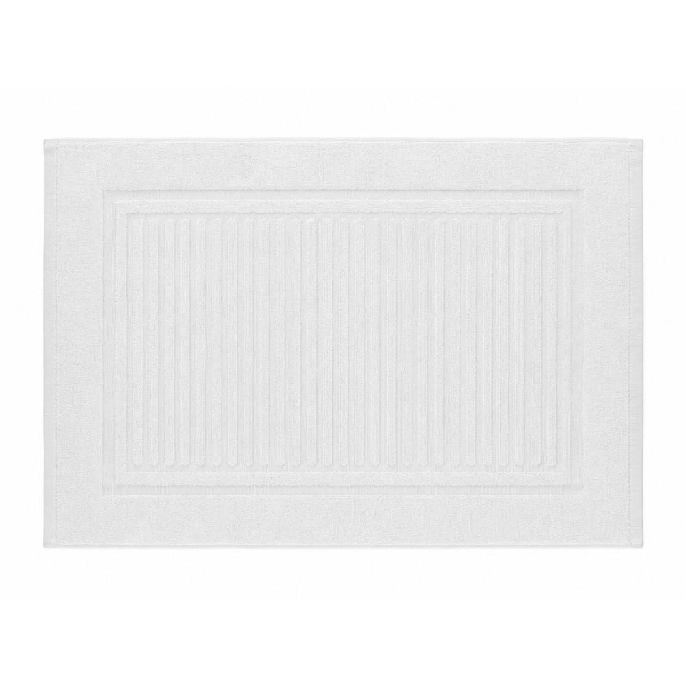 Two white ribbed terry bath mats with soft absorbent texture and reinforced borders, designed to keep bathroom floors comfortable and dry.