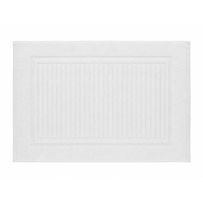 Two white ribbed terry bath mats with soft absorbent texture and reinforced borders, designed to keep bathroom floors comfortable and dry.