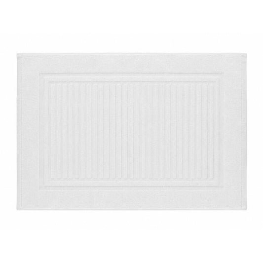 Two white ribbed terry bath mats with soft absorbent texture and reinforced borders, designed to keep bathroom floors comfortable and dry.