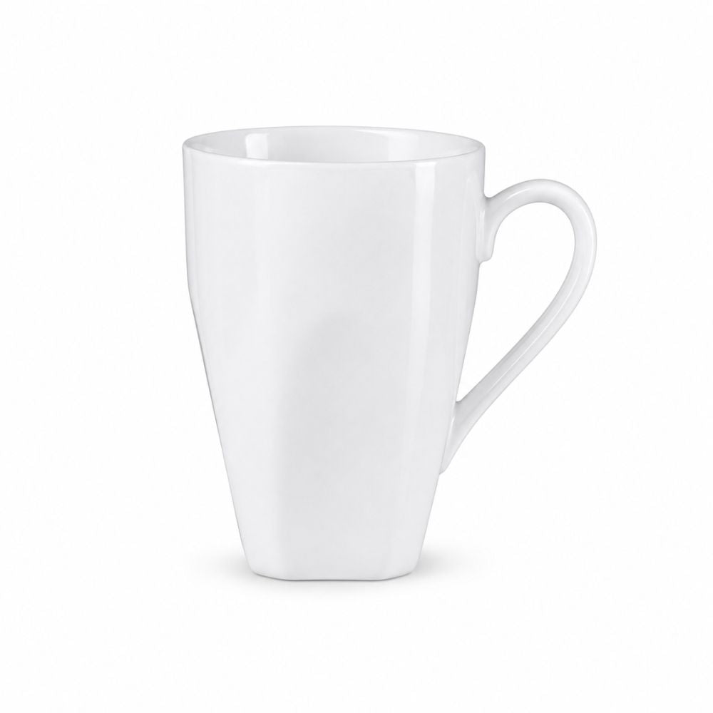 White porcelain coffee mug with a curved handle and clean contemporary design for coffee, tea and everyday beverages.