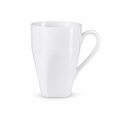 White porcelain coffee mug with a curved handle and clean contemporary design for coffee, tea and everyday beverages.