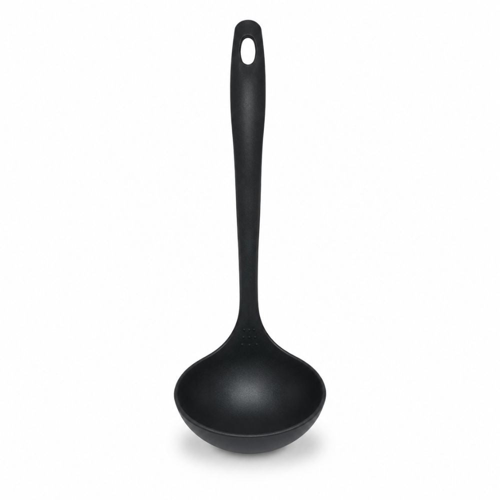 Black T-fal cooking ladle with long ergonomic handle for serving soups, stews, sauces and other homemade meals.