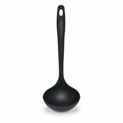 Black T-fal cooking ladle with long ergonomic handle for serving soups, stews, sauces and other homemade meals.