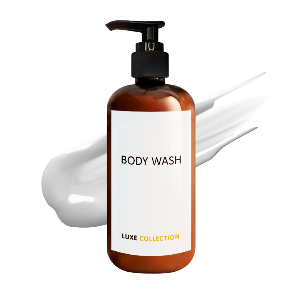 Luxe collection body wash in 300 ml amber bottle with creamy texture, with black pump, perfect for Airbnb and hospitality use.
