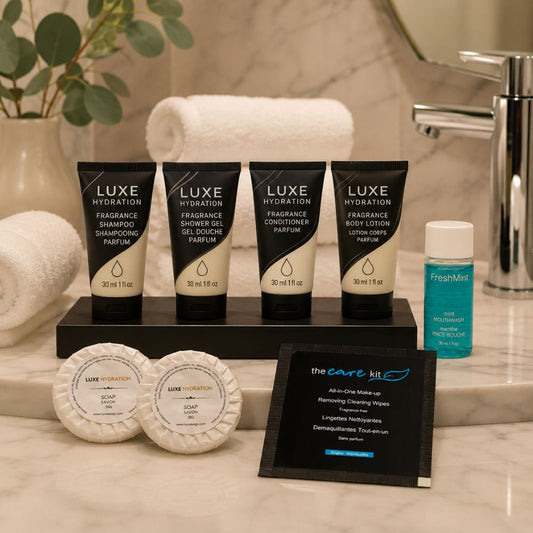 Luxe Hydration 8-piece fragrance personal care set with shampoo, shower gel, conditioner, lotion, soaps, mouthwash and makeup wipe.