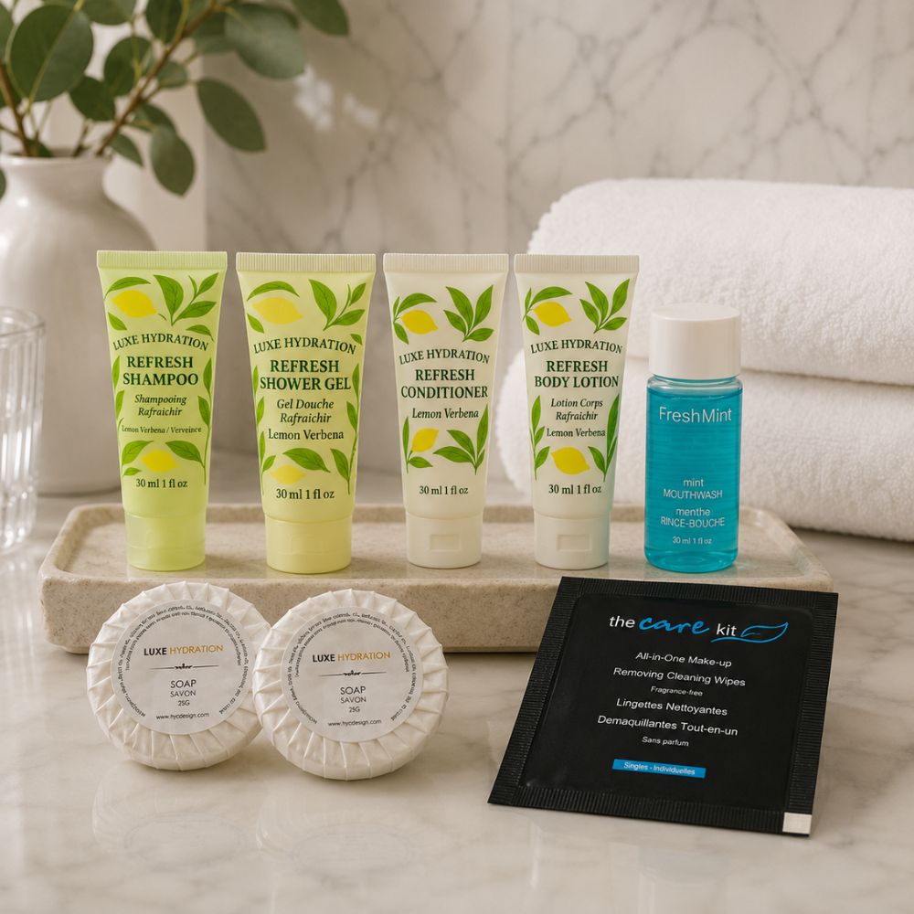 Luxe Hydration 8-piece lemon verbena personal care set with shampoo, shower gel, conditioner, lotion, soaps, mouthwash and makeup wipe.