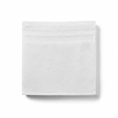 White cotton washcloth displayed flat, showcasing a smooth finish and a refined, upscale appearance