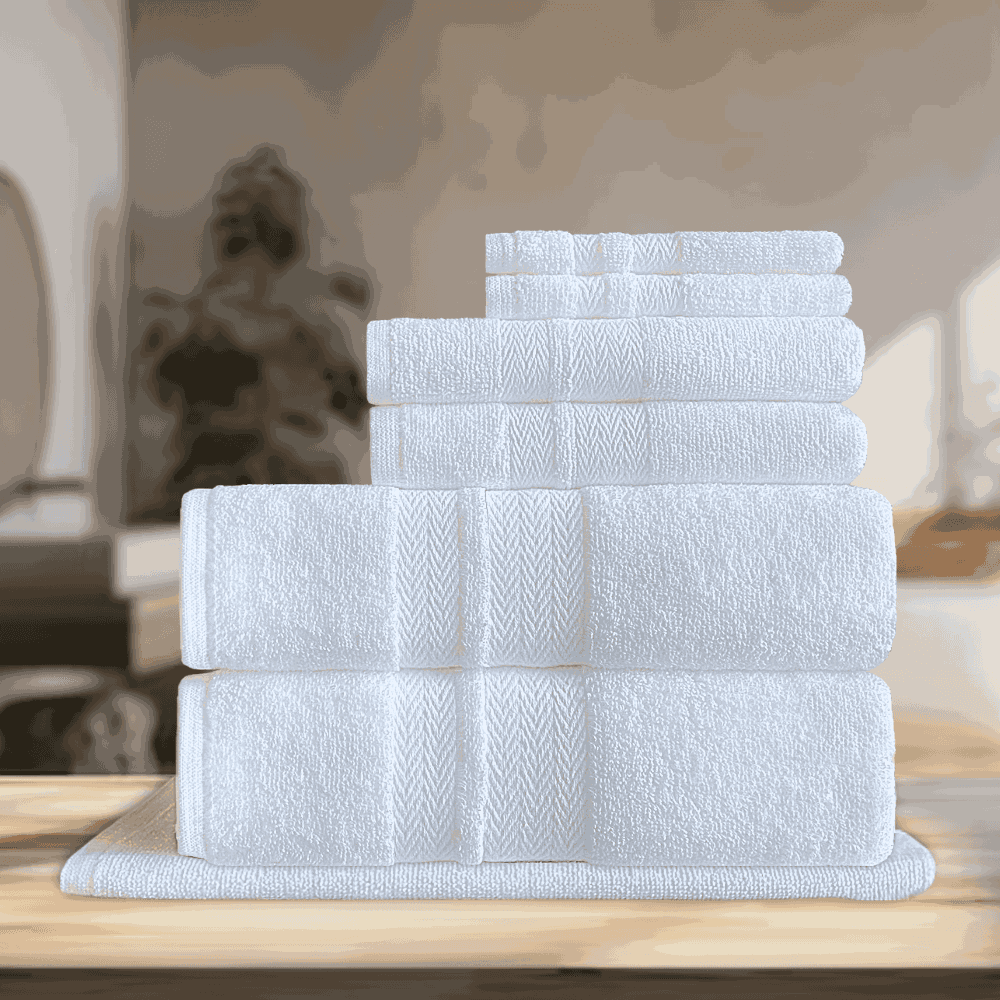 Premium towels made for high-turnover washrooms in hotels and Airbnbs, offering quick-dry functionality and superior comfort for guest satisfaction. BWG Series - 7 Pc Towel Set