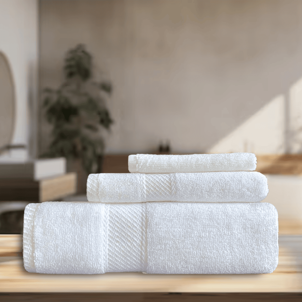 Wholesale white cotton towels with elegant border for resorts H1 SERIES Towel Set - 3 Pc Background