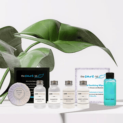 Sustainable hotel amenities for hotels Travel-size hotel Combo of Soap, Shower Gel, Shampoo, Conditioner, Body Lotion, All-in-One Make-up Wipe, Mouth Wash, and Alcohol Sanitizing Wipe in bulk quantities.