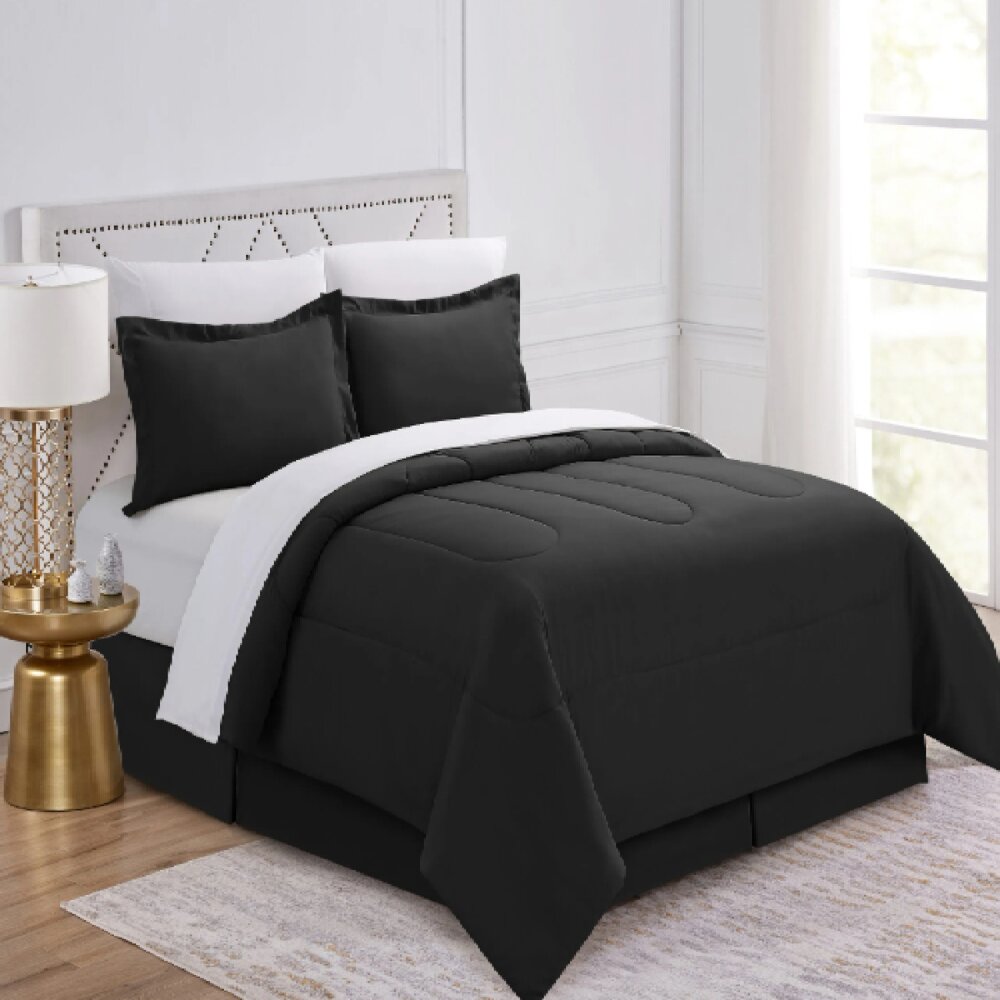 Edit Pinch Pleat 8 Piece Comforter + Sheets Set Black