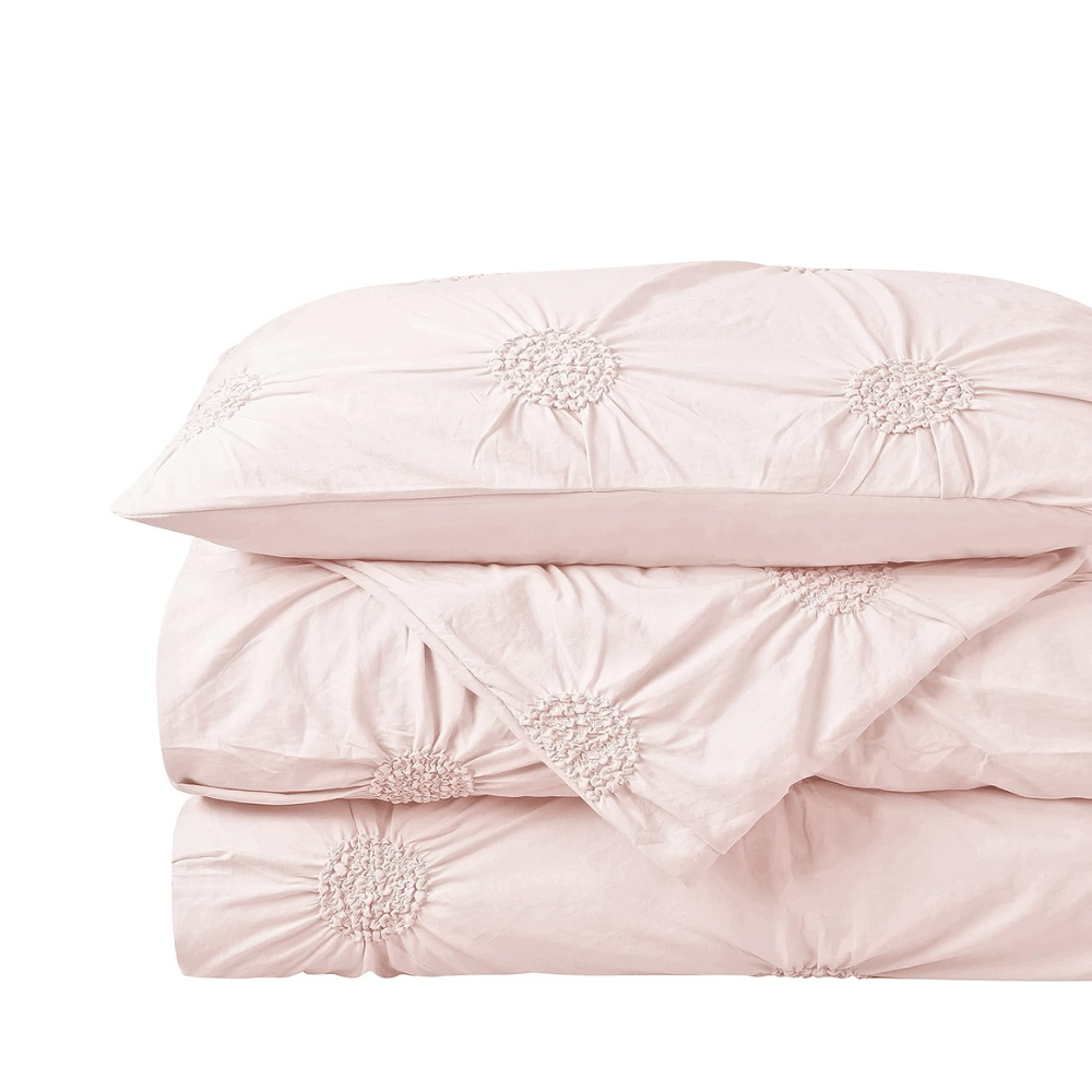 3pc Floral Ruched Duvet Cover Set / Blush (closer view).