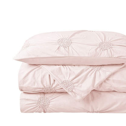 3pc Floral Ruched Duvet Cover Set / Blush (closer view).