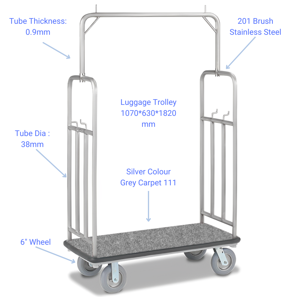 Hotel & Condo Bellman Luggage Cart Stainless Steel Trolley - Sliver Plated with Crowned Top - Measurements