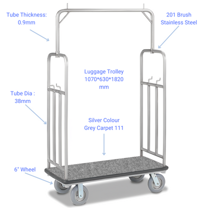 Hotel & Condo Bellman Luggage Cart Stainless Steel Trolley - Sliver Plated with Crowned Top - Measurements